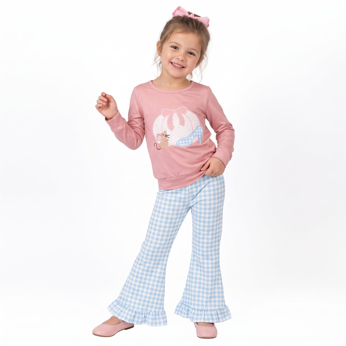 GLP3598 Pumpkin Mouse Pink Top Gingham Bell Pants Girls Fall Clothes Set