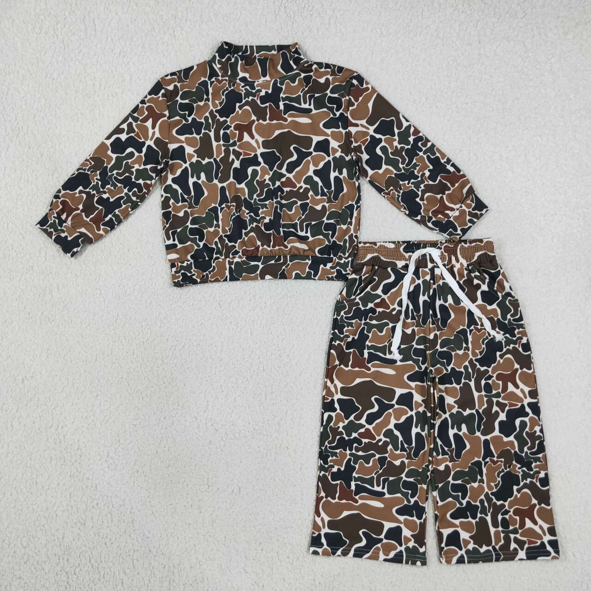 GLP3601 Brown Camo Print Long Sleeve Mock Neck Top Pockets Pants Girls Yoga Clothes Set