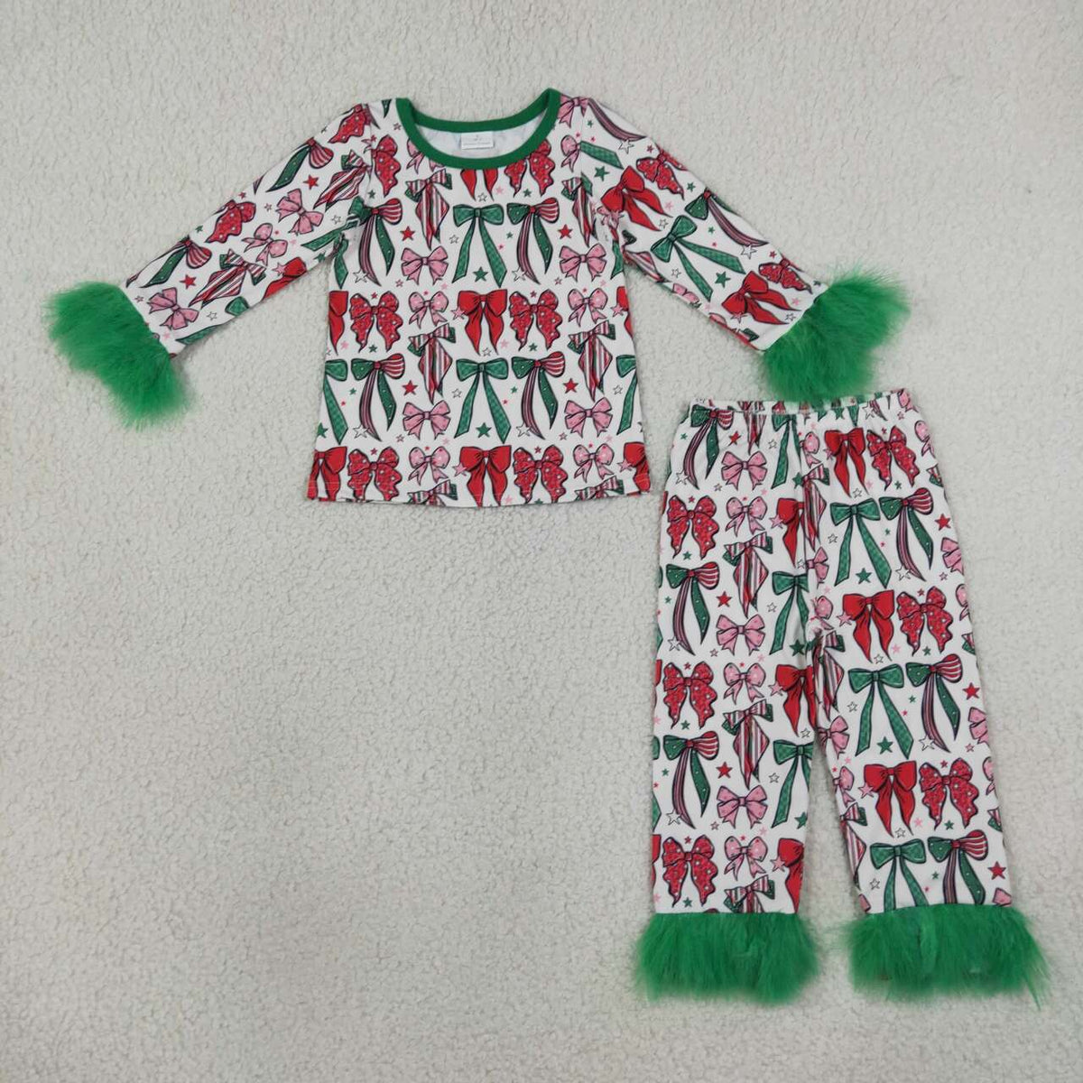 GLP3611 Red Green Bows Print Girls Christmas Fur Pajamas Clothes Set