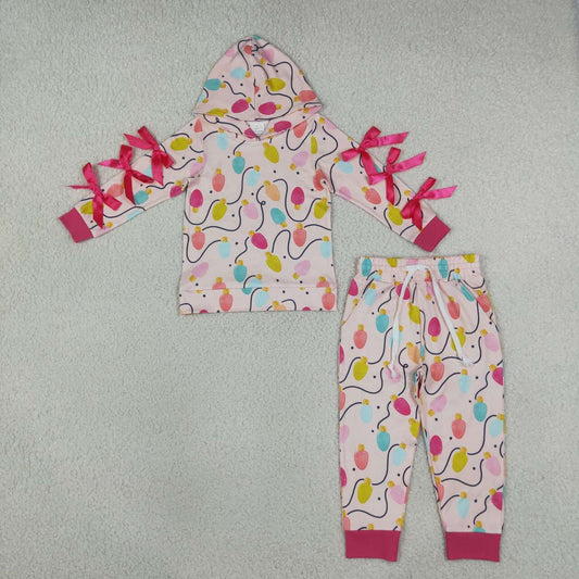 GLP3613 Toddler Girls Christmas Light Print Hooded Top & Jogger Pants 2Pcs Outfit Set with Sleeve Bows