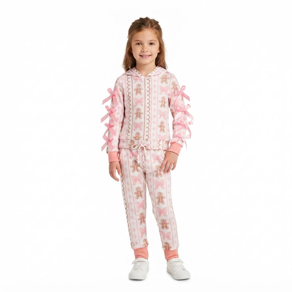 GLP3614 Gingerbread Pink Bows Hoodie Top Pockets Jogger Girls Christmas Clothes Set