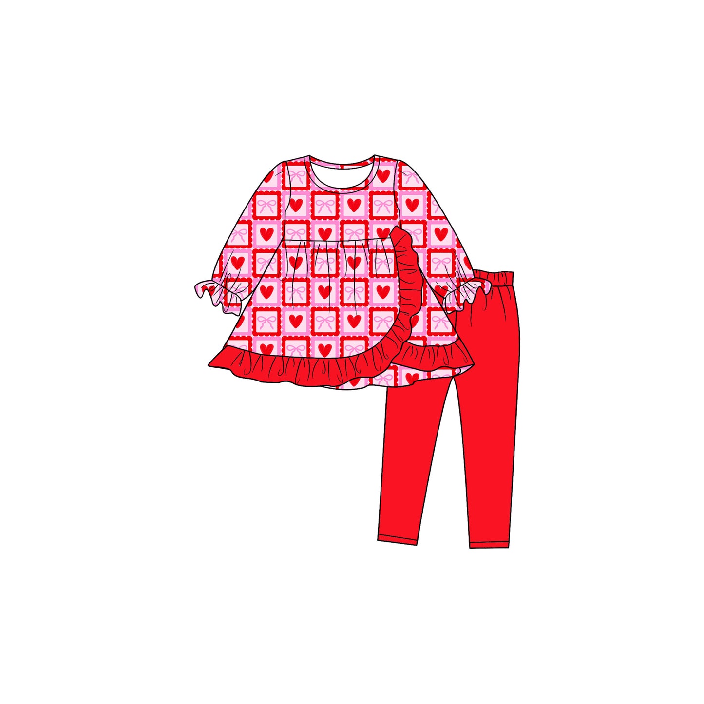 8.3 Preorder Kids Girls Valentine's Day Heart Bow Long Sleeve Tunic Top with Red Leggings Set