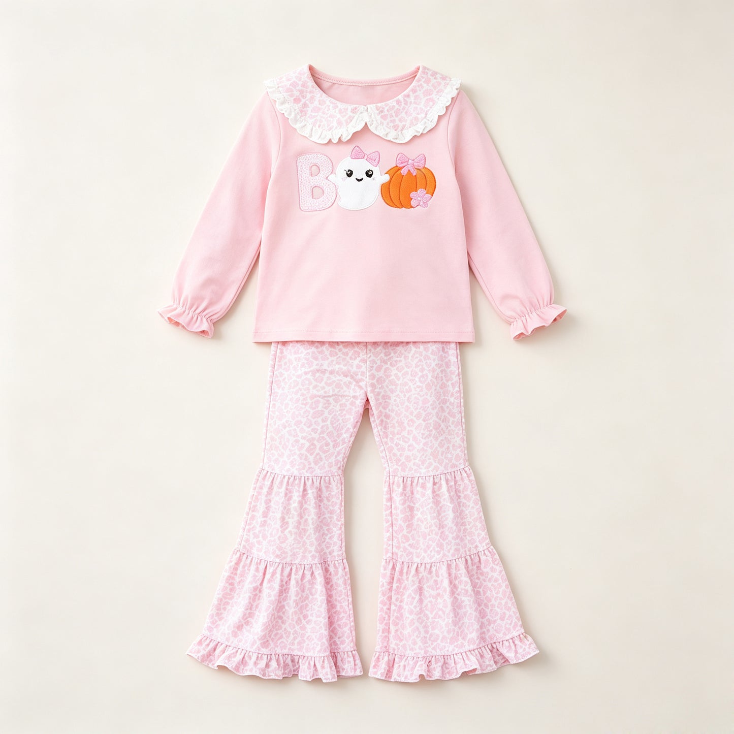 9.5 Preorder Baby Girls Halloween Boo Pumpkin Pink Leopard Flare Pants Outfit