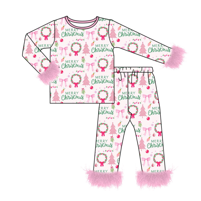 8.6 GLP3635 Preorder Tree Bows Pink Print Girls Christmas Fur Pajamas Clothes Set