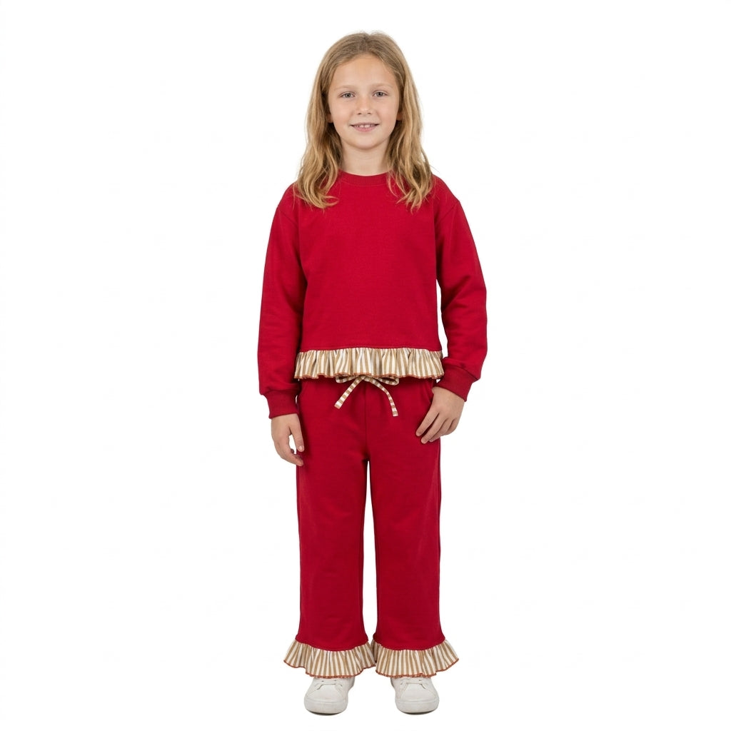 GLP3644 Red Thick Cotton Sweatshirt Flare Pants Girls Fall Clothes Set