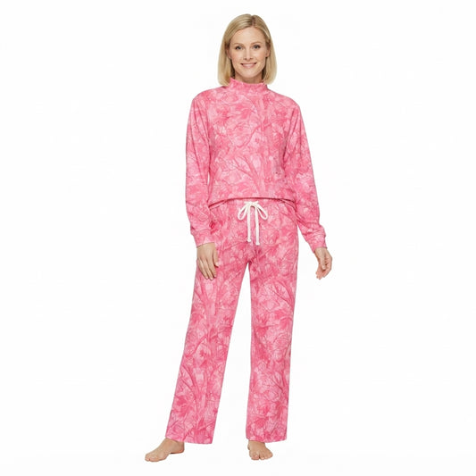 GLP3651 Pink Branch Print Mock Neck Long Sleeve Top Pockets Pants Woman Clothes Set