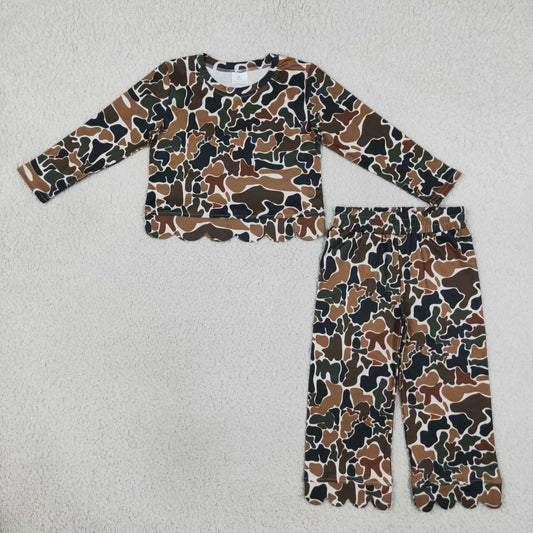 GLP3662 Brown Camo Print Girls Fall Scallop Edge Clothes Set