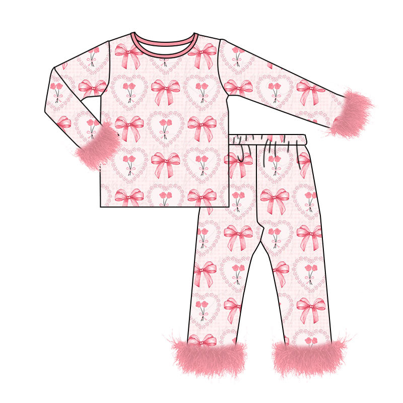 8.10 GLP3668 Preorder Hearts Flowers Pink Bows Print Girls Valentine's Day Fur Pajamas Clothes Set