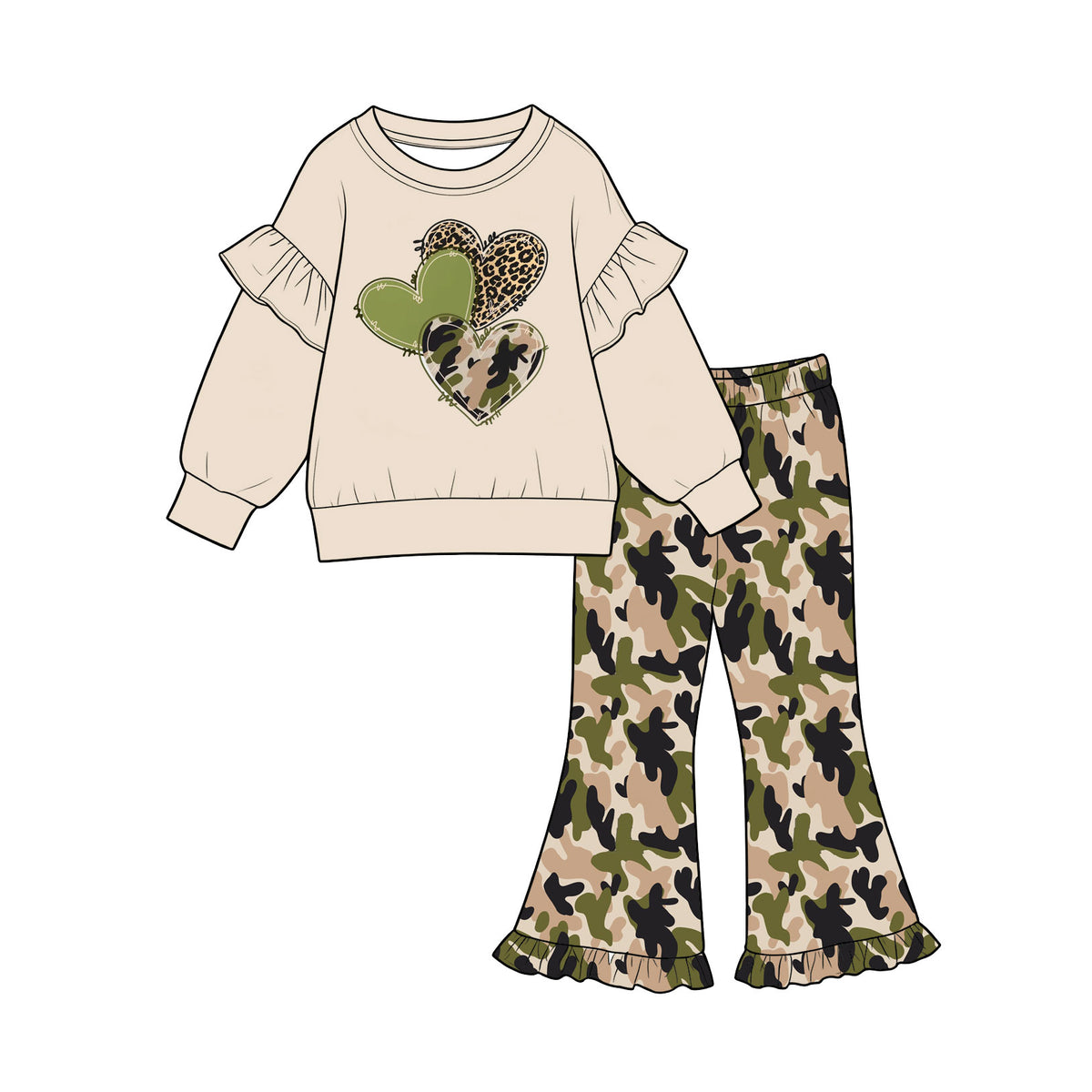8.10 Preorder Kids Girls Camo Heart Patch Long Sleeve Top with Bell Bottom Pants Outfit