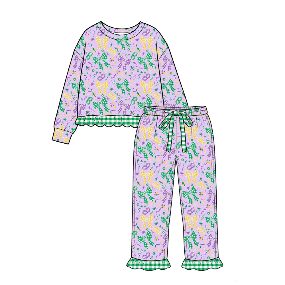 8.10 Preorder Kids Girls Mardi Gras Purple Green Bow Long Sleeve Outfit