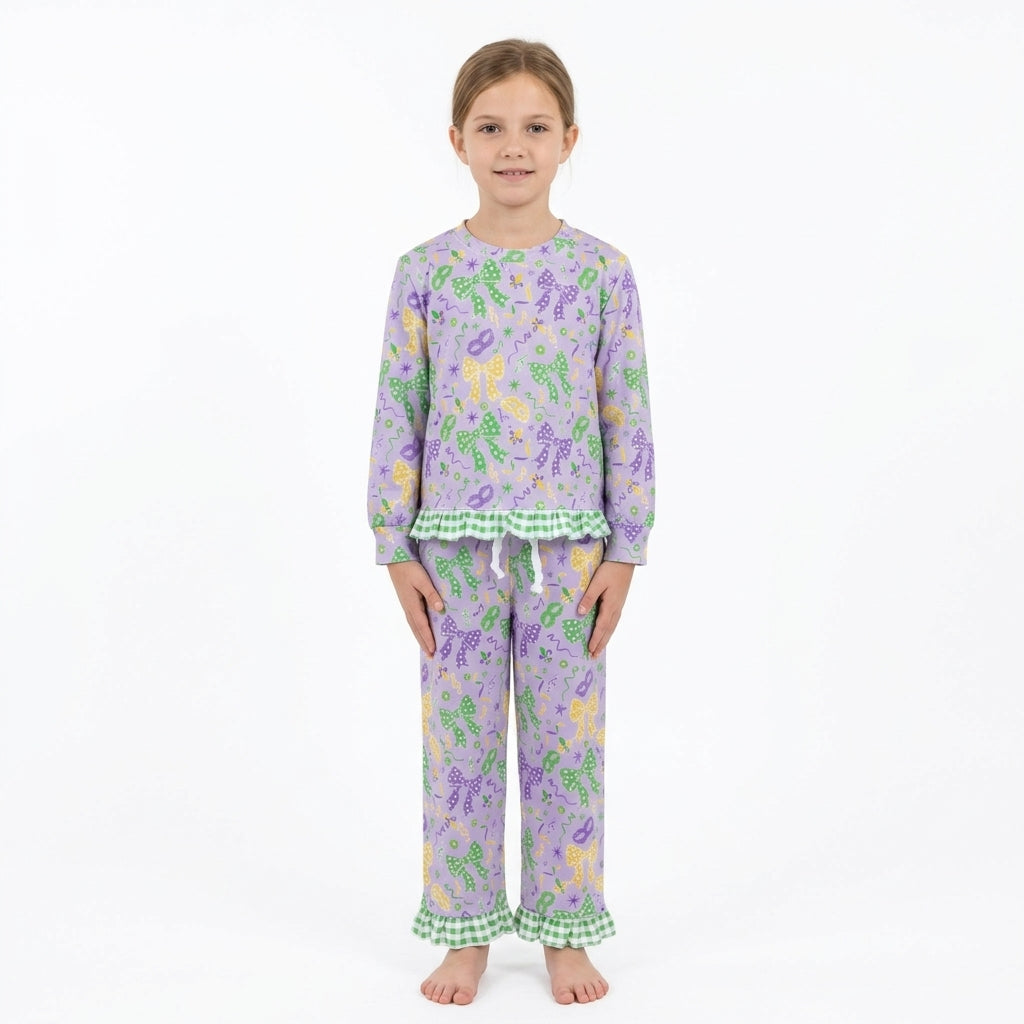 GLP3680 Mask Green Purple Yellow Bows Print Girls Mardi Gras Ruffle Clothes Set