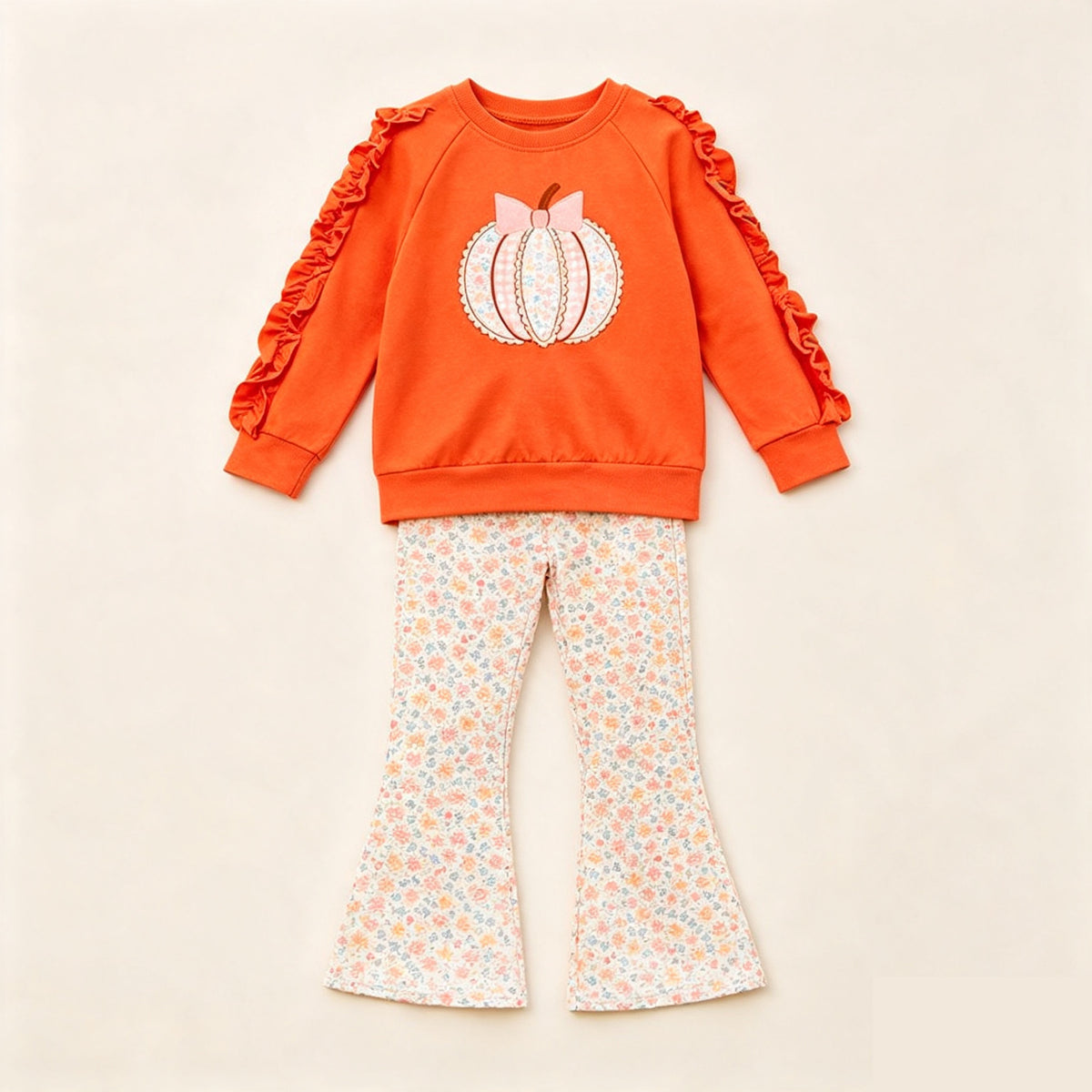 8.10 Preorder Kids Girls Floral Pumpkin Orange Top with Bell Bottom Pants Set