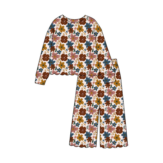 8.13 GLP3690 Preorder Brown Blue Pink Flowers Print Girls Fall Scallop Edge Clothes Set