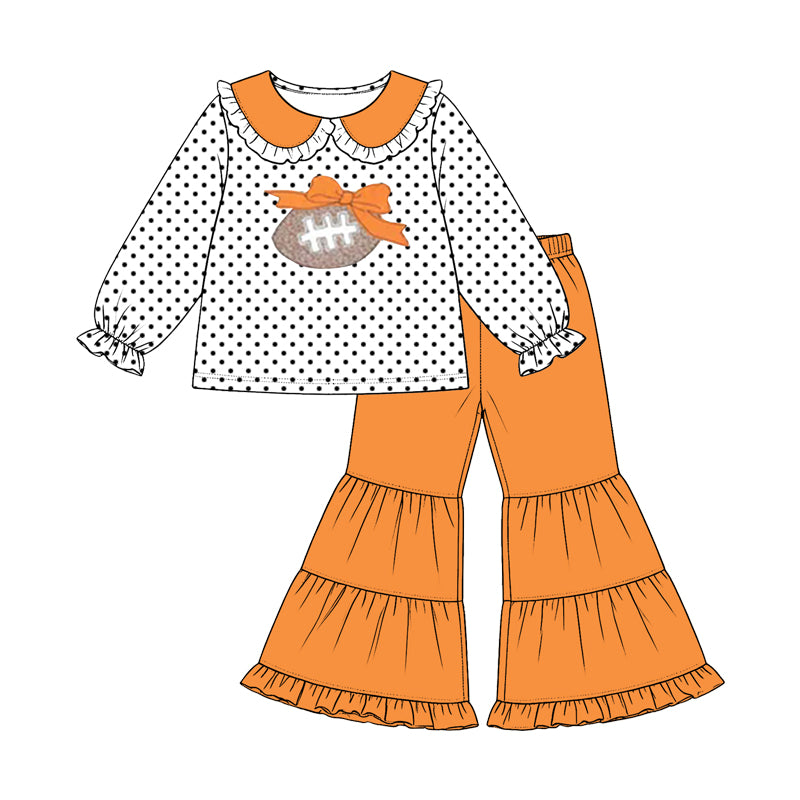 8.14 GLP3694 Preorder Football Bow Dots Top Orange Bell Pants Girls Fall Clothes Set