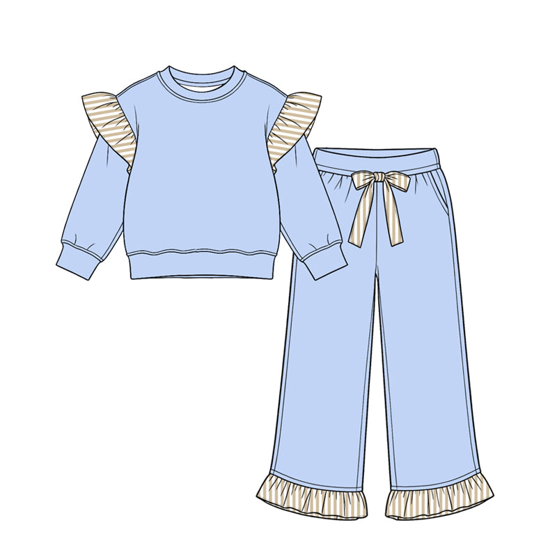 8.14 GLP3696 Preorder Kids Girls Light Blue Flutter Sleeve Top with Ruffle Pants Outfit