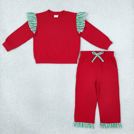 GLP3697 Girls Green Flutter Sleeve Top with Ruffle Pants Red Christmas Outfit