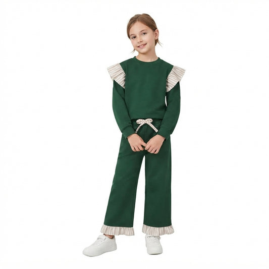 GLP3698 Girls Green Flutter Sleeve Top with Ruffle Pants Outfit
