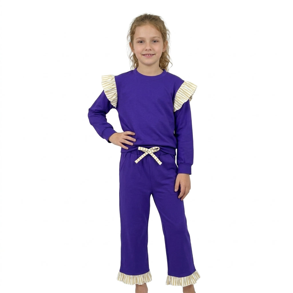 GLP3699 Girls Deep Purple Flutter Sleeve Top with Ruffle Pants Outfit