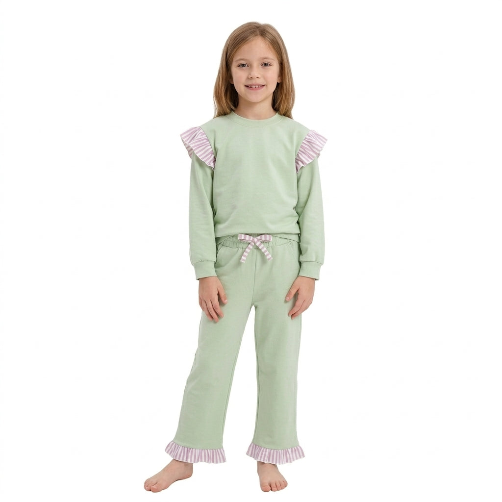 GLP3700 Girls Light Green Flutter Sleeve Top with Ruffle Pants Outfit
