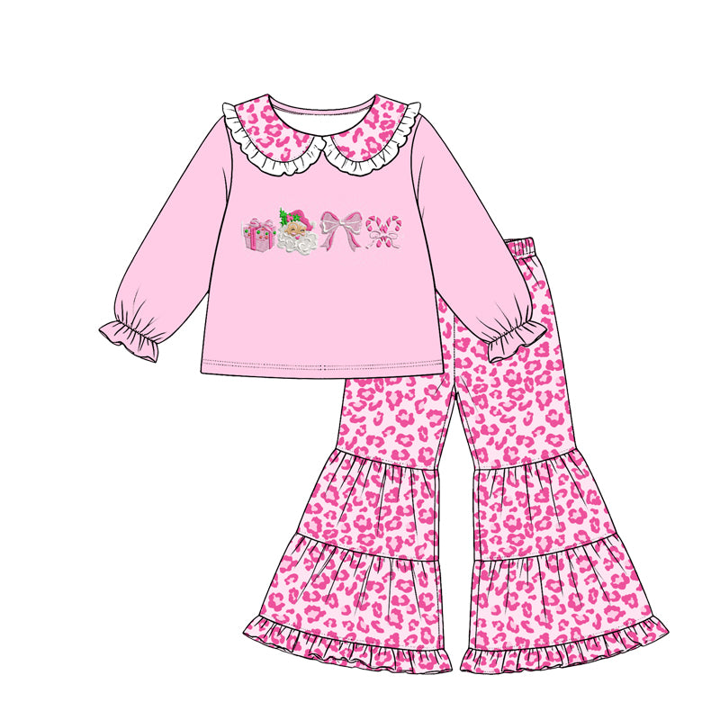 8.15 GLP3706 Preorder Santa Bows Candy Cane Top Pink Leopard Bell Pants Girls Christmas Clothes Set
