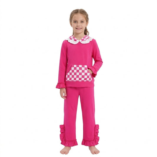 GLP3709 Girls Hot Pink Ruffle Flare Pants Set Checkerboard Hoodie 2‑Piece Outfit