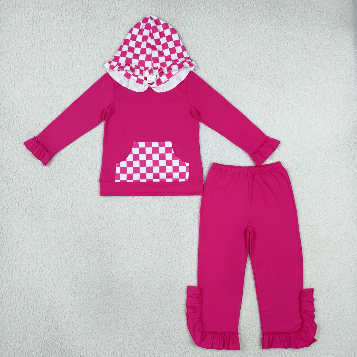 GLP3709 Girls Hot Pink Ruffle Flare Pants Set Checkerboard Hoodie 2‑Piece Outfit
