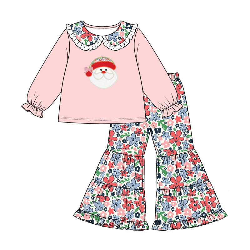8.17 GLP3712 Preorder Santa Pink Top Flowers Bell Pants Girls Christmas Clothes Set