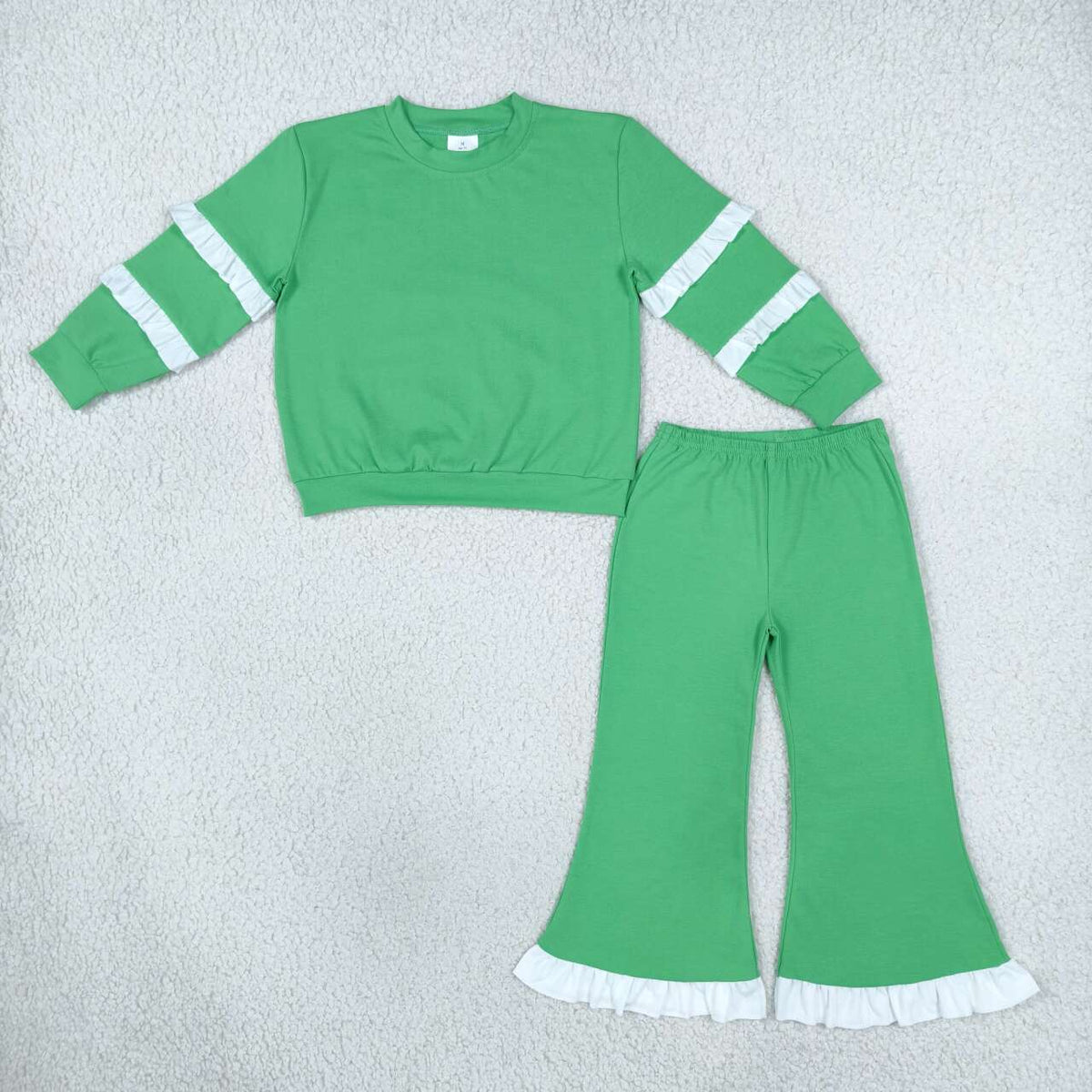 GLP3717 Green Double White Ruffle Sweatshirt Flare Pants Girls 2‑Piece Cotton Clothes Set