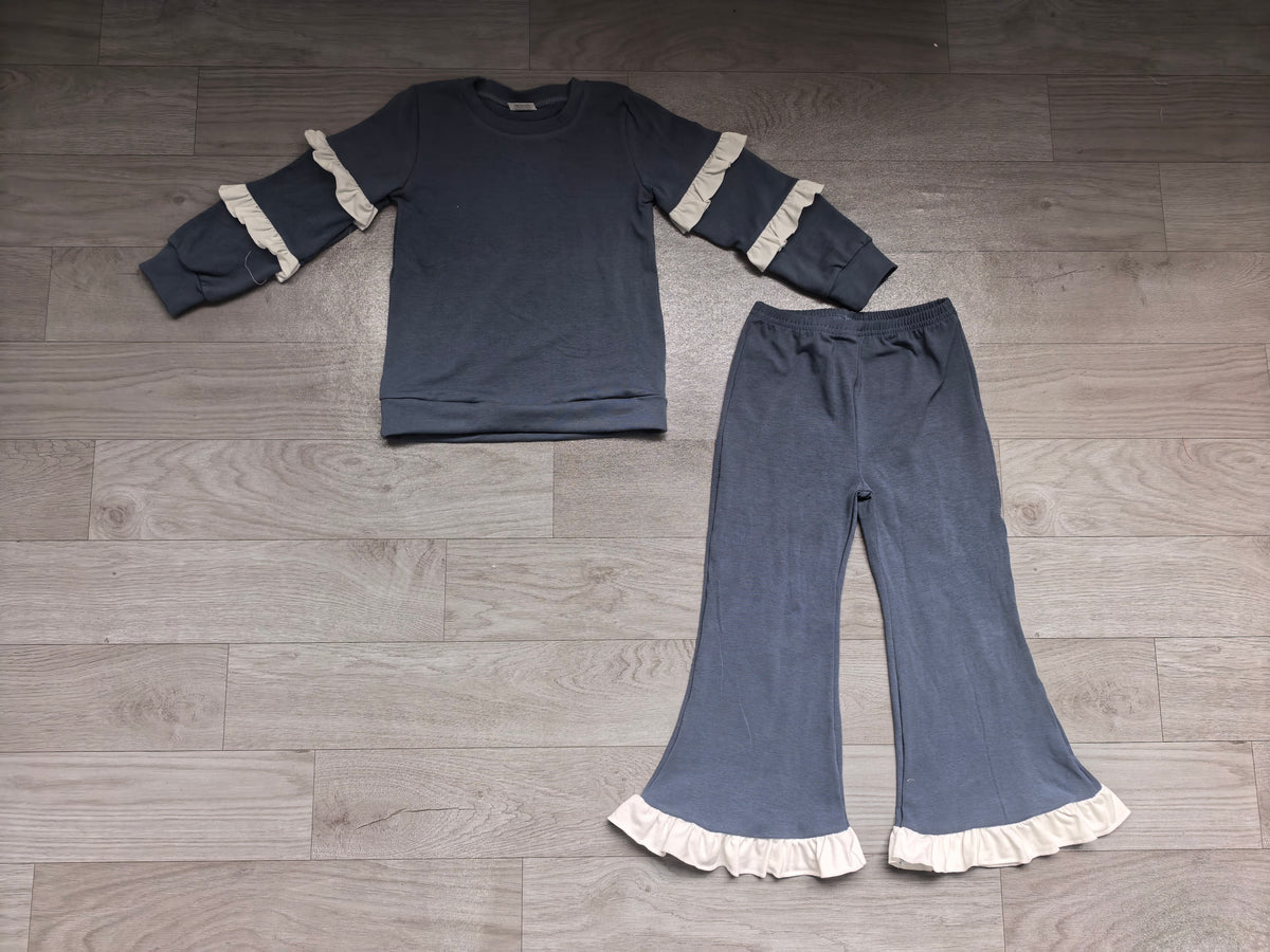 8.19 Preorder Girls Navy Double White Ruffle Sweatshirt Flare Pants 2‑Piece Set