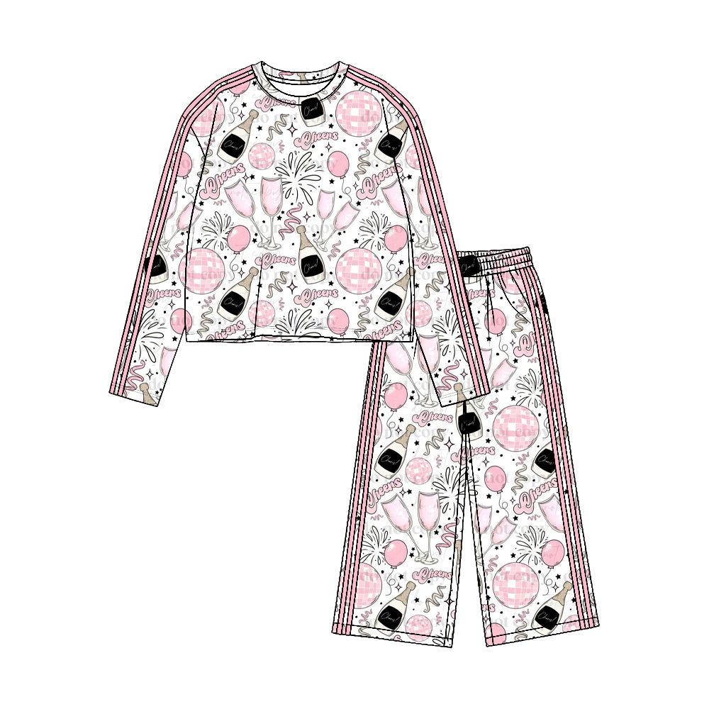 8.19 GLP3721 Preorder Cheers Stars Pink Bows Print Girls Happy New Year Yoga Clothes Set