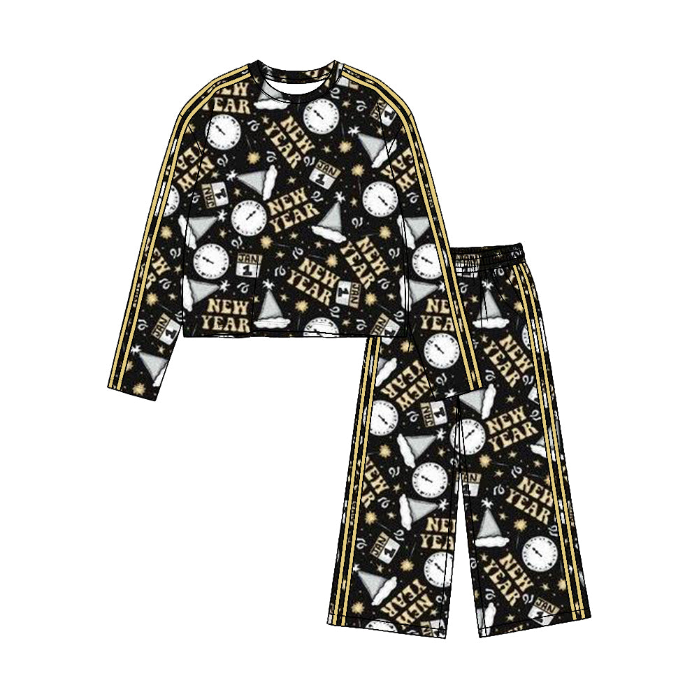 8.19 GLP3722 Preorder Jan 1 Stars Black Print Girls Happy New Year Yoga Clothes Set