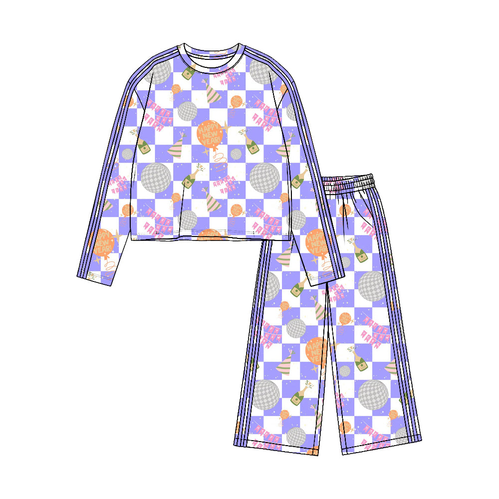 8.19 GLP3725 Preorder Cheers Purple Checkered Print Girls Happy New Year Yoga Clothes Set