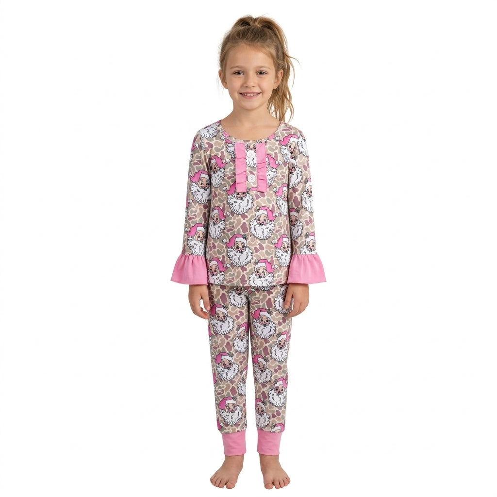 GLP3734 Santa Camo Print Girls Christmas Pajamas Clothes Set