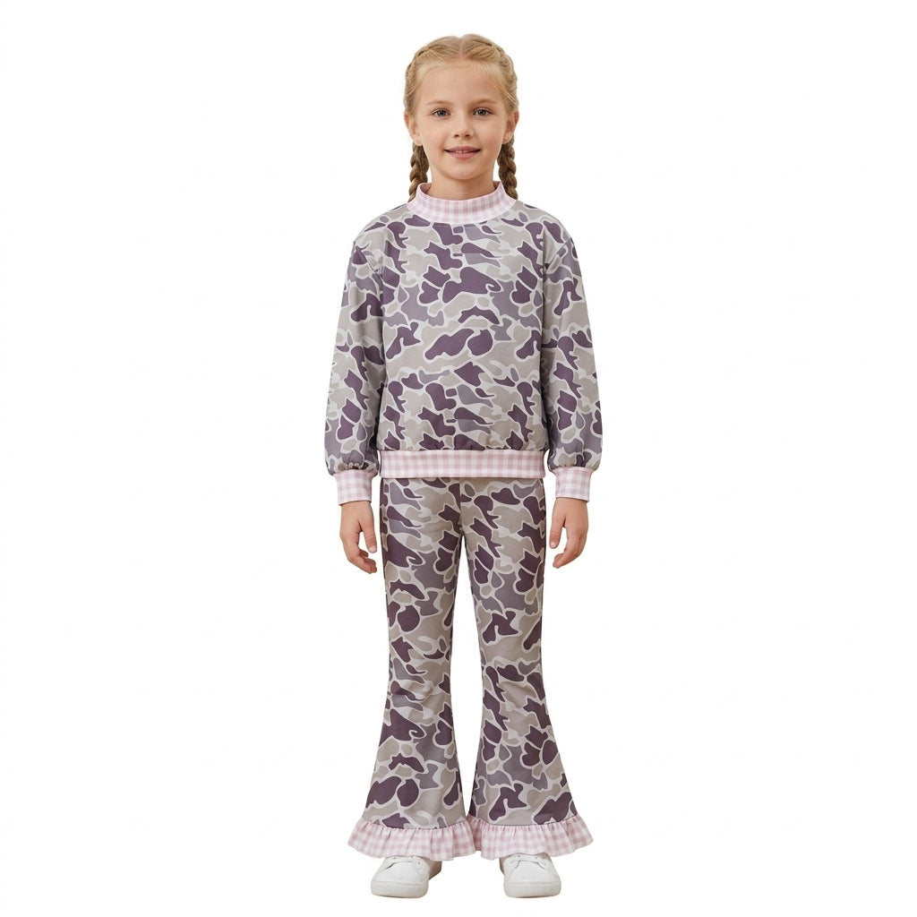 GLP3736 Dark Brown Camo Pink Gingham Mock Neck Top Bell Pants Girls Fall Clothes Set