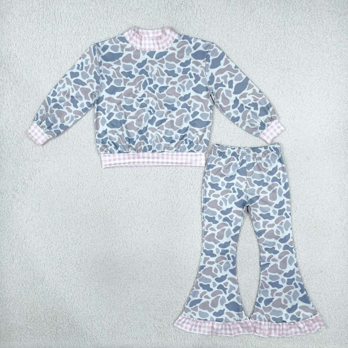 GLP3737 Grey Camo Pink Gingham Mock Neck Top Bell Pants Girls Fall Clothes Set