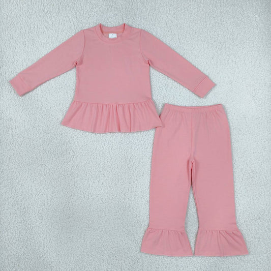 GLP3746 Pink Cotton Long Sleeve Tunic Top Ruffle Pants Girls Clothes Set