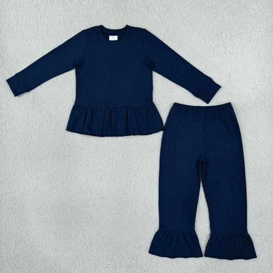 GLP3750 Navy Cotton Long Sleeve Top Ruffle Pants Girls Fall Clothes Set