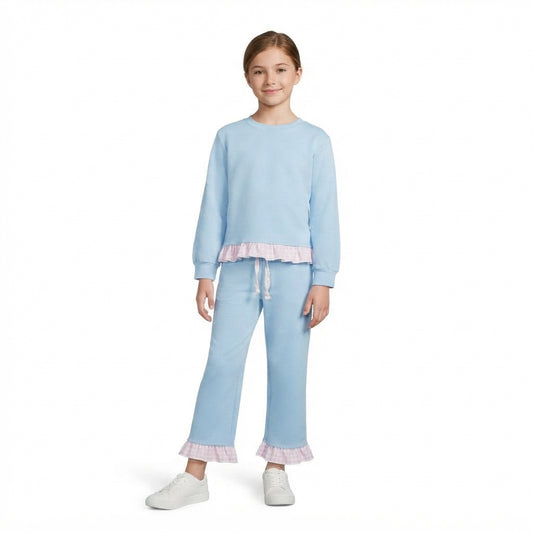 GLP3753 Light Blue Long Sleeve Top Ruffle Pants Girls Clothes Set