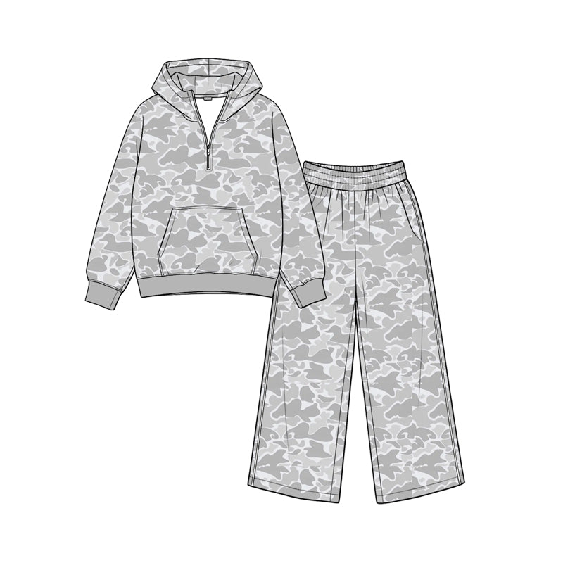 8.26 GLP3760 Preorder Grey Camo Print Zipper Hoodie Top Pockets Pants Girls Clothes Set