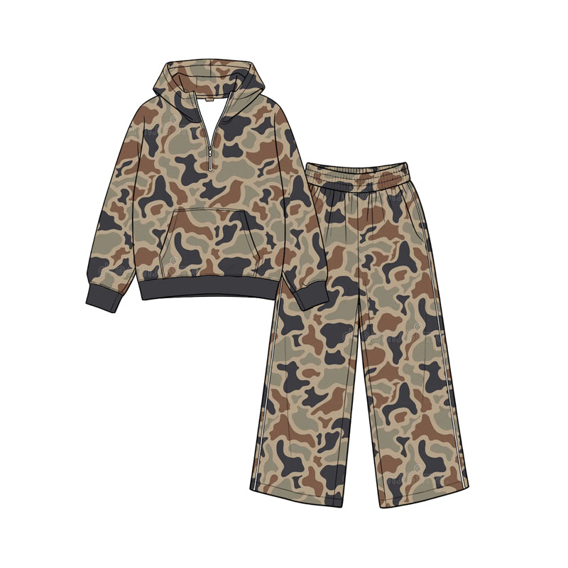 8.26 GLP3762 Preorder Brown Camo Print Zipper Hoodie Top Pockets Pants Girls Clothes Set