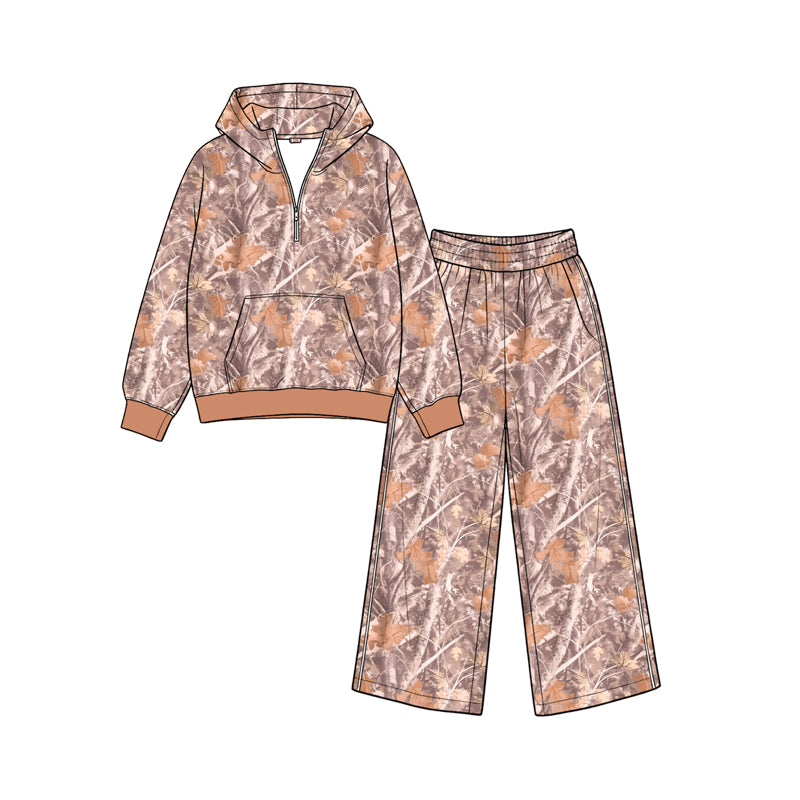 8.26 GLP3770 Preorder Brown Branch Camo Print Zipper Hoodie Top Pockets Pants Girls Clothes Set