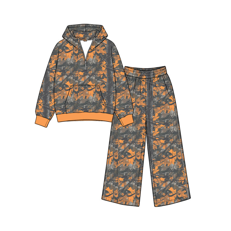8.26 GLP3771 Preorder Orange Black Branch Camo Print Zipper Hoodie Top Pockets Pants Girls Clothes Set