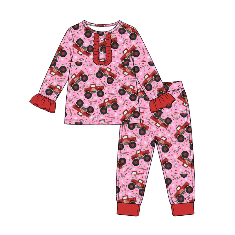 8.28 Preorder Toddler Girls Christmas Monster Truck Candy Cane Long Sleeve Pajama Set