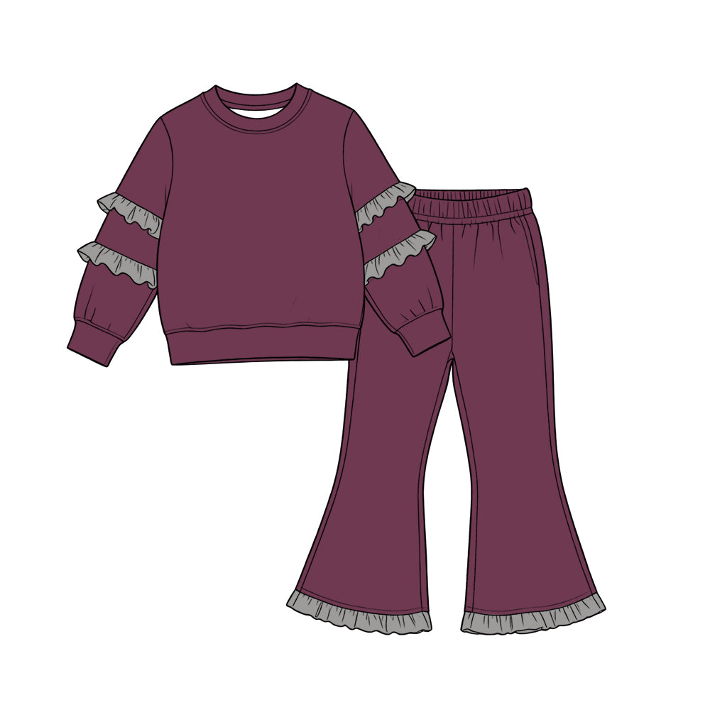 9.7GLP3839 Kids Girls Burgundy Ruffle Grey Sleeve Top Flare Pants Outift