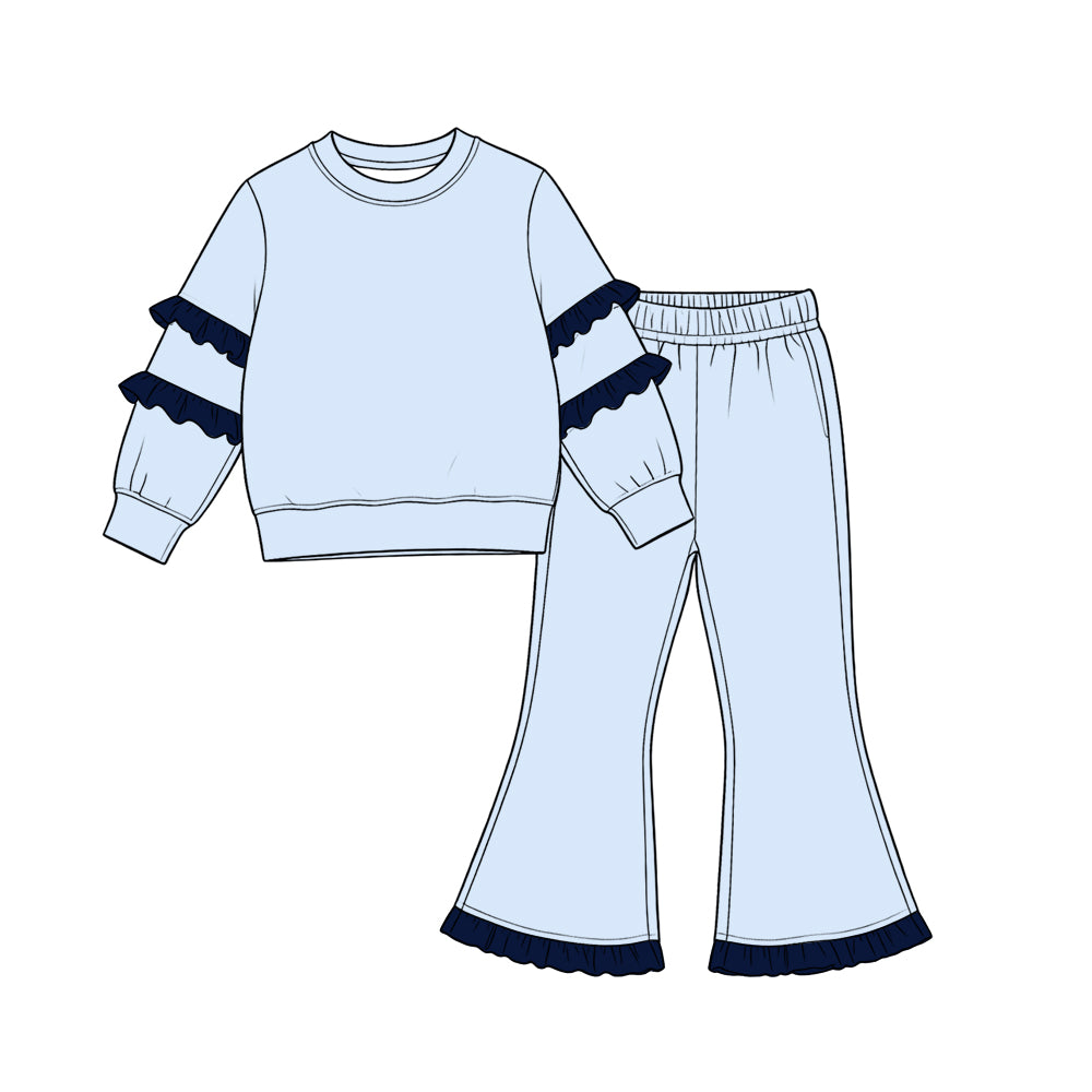 9.7 GLP3844 Kids Girls Blue Navy Ruffle Sleeve Top Flare Pants Outift