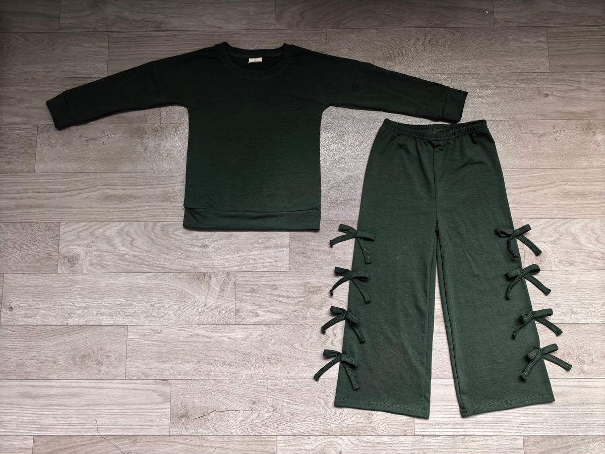9.7 Preorder GLP3847 Kids Girls Dark Green Long Sleeve Bow Pants Outfit