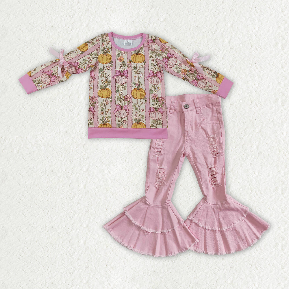 GLP3851 Pumpkin Flowers Bows Top Pink Denim Bell Pants Girls Fall Clothes Set