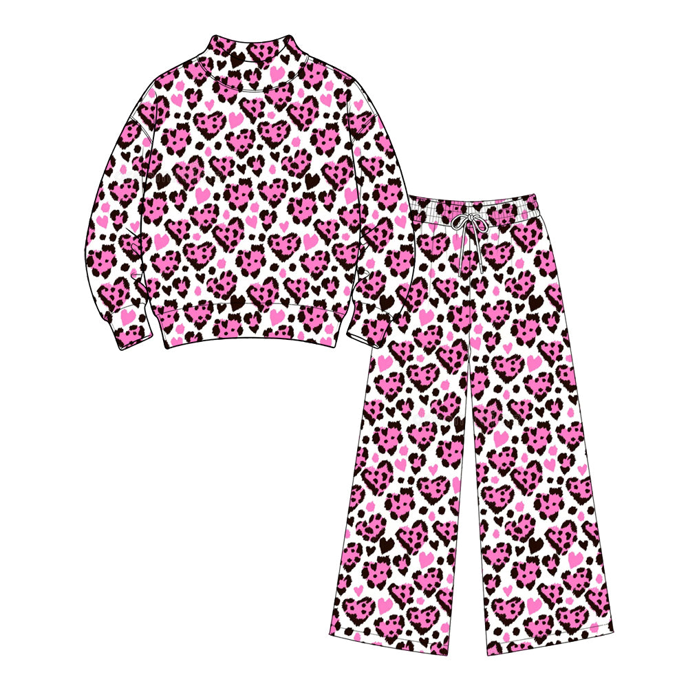 9.9 GLP3861 Preorder Adult Pink Heart Leopard Print Mock Neck Top Straight Pants Woman Valentine's Day Clothes Set