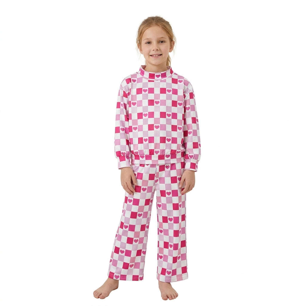 GLP3867 Heart Checked Baby Girls Valentine's Day Mock Neck Top Wide Leg pants Outfit