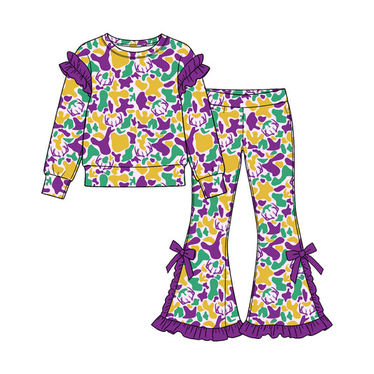 9.12 GLP3872 Preorder Mardi Gras Camo Long Sleeve Ruffle Shoulder Top Flare Pants Outfit